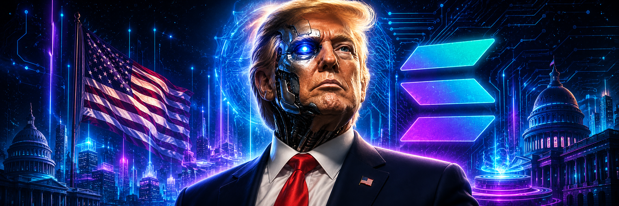 Cinematic wide banner of the AI President with Solana neon and American digital skyline