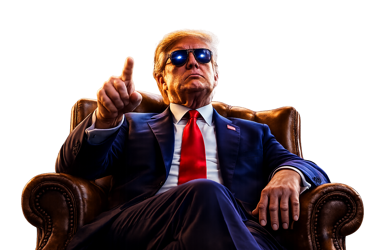 The AI President seated in command with glowing digital eyes