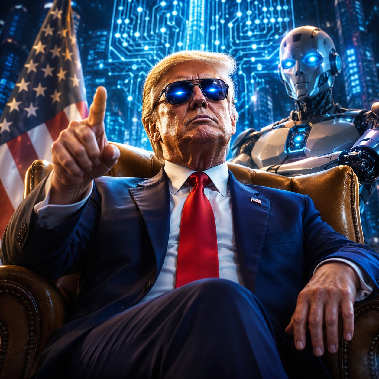 The AI President with robotic ally against a digital circuit command center